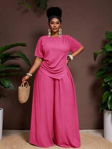 Veslaya Pastel Pink Summer Smart Casual Simple Normal Vacation Elegant 2 Pieces Set For Plus Size Women Crinkle Fabric Pointed Hem Top Wide Leg Pants Outfit - Hot Pink - View 7