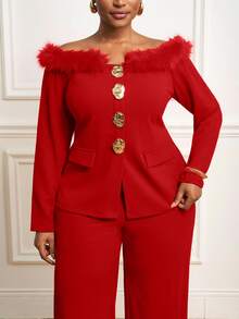 Veslaya Women's Plus Size Elegant Red And Gold 2-Piece Set,Autumn Off Shoulder Fuzzy Blazer&Wide-Leg Pants,Vintage Party Retro Solid Daily Wear - Red - View 6
