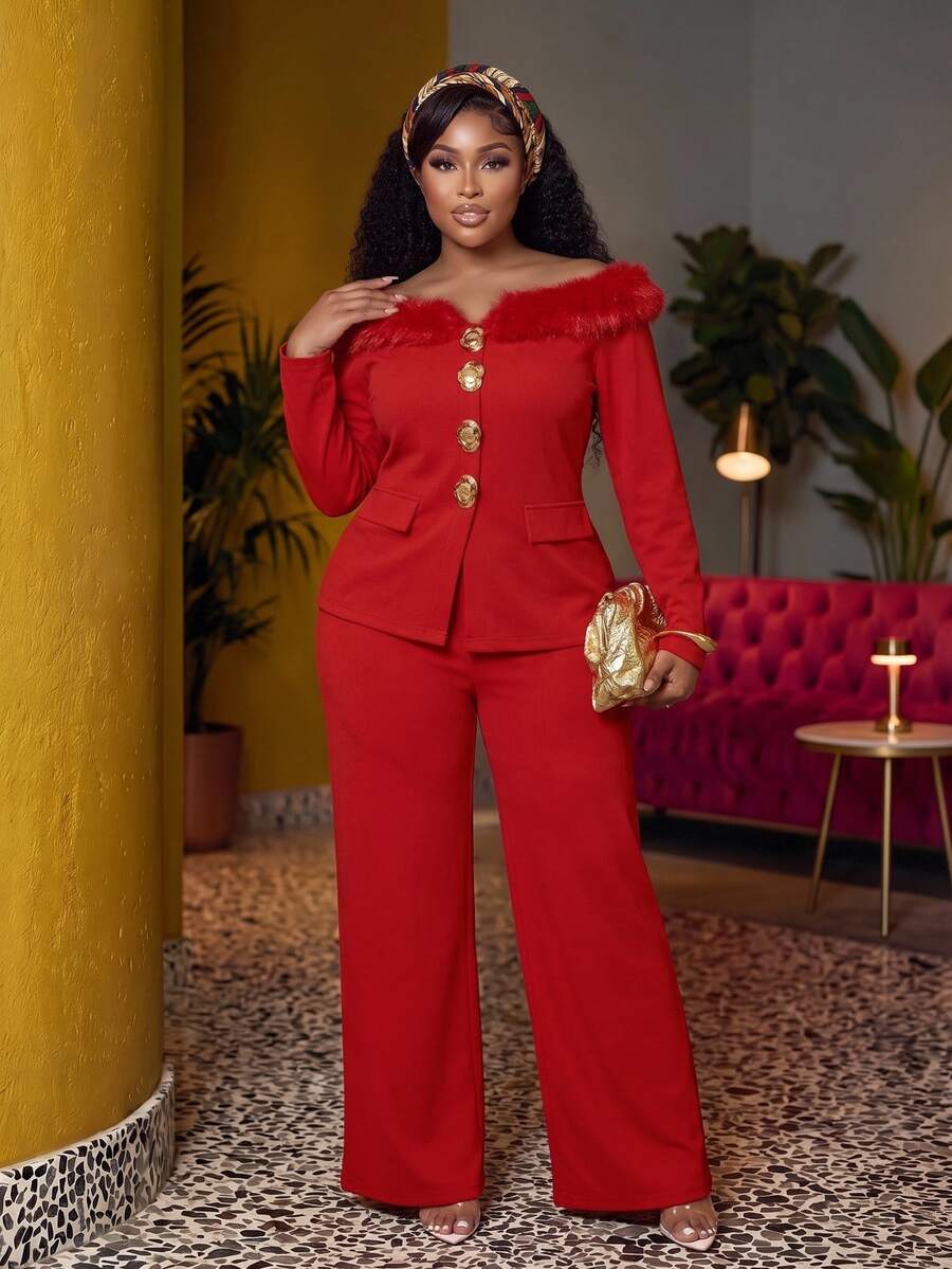 Veslaya Women's Plus Size Elegant Red And Gold 2-Piece Set,Autumn Off Shoulder Fuzzy Blazer&Wide-Leg Pants,Vintage Party Retro Solid Daily Wear - Red - View 1