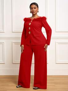 Veslaya Women's Plus Size Elegant Red And Gold 2-Piece Set,Autumn Off Shoulder Fuzzy Blazer&Wide-Leg Pants,Vintage Party Retro Solid Daily Wear - Red - View 3