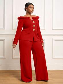 Veslaya Women's Plus Size Elegant Red And Gold 2-Piece Set,Autumn Off Shoulder Fuzzy Blazer&Wide-Leg Pants,Vintage Party Retro Solid Daily Wear - Red - View 5
