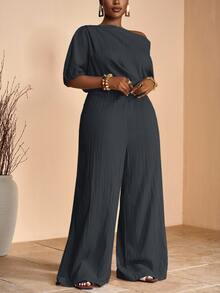Veslaya 春夏新款优雅派对、约会、晚宴、毕业典礼纯色卡其色修身单肩褶裥装饰不对称阔腿连体裤，梭织纹理面料，大码女装 - 灰色 - 查看 7