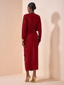 Veslaya Red Autumn Elegant Satin Party Long Sleeve V-Neck Ruched Waist Maxi Dress,Plus Size Textured Shiny Fabric Wedding Guest Boho Birthday Graduation Dress - Red - View 2