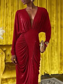 Veslaya Red Autumn Elegant Satin Party Long Sleeve V-Neck Ruched Waist Maxi Dress,Plus Size Textured Shiny Fabric Wedding Guest Boho Birthday Graduation Dress - Red - View 8