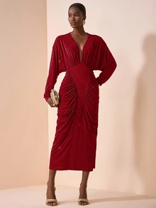 Veslaya Red Autumn Elegant Satin Party Long Sleeve V-Neck Ruched Waist Maxi Dress,Plus Size Textured Shiny Fabric Wedding Guest Boho Birthday Graduation Dress - Red - View 10