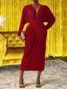 Veslaya Red Autumn Elegant Satin Party Long Sleeve V-Neck Ruched Waist Maxi Dress,Plus Size Textured Shiny Fabric Wedding Guest Boho Birthday Graduation Dress - Red - View 5