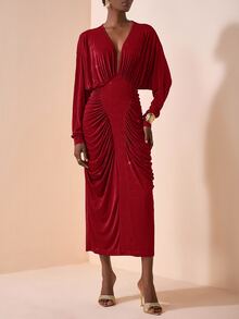 Veslaya Red Autumn Elegant Satin Party Long Sleeve V-Neck Ruched Waist Maxi Dress,Plus Size Textured Shiny Fabric Wedding Guest Boho Birthday Graduation Dress - Red - View 3