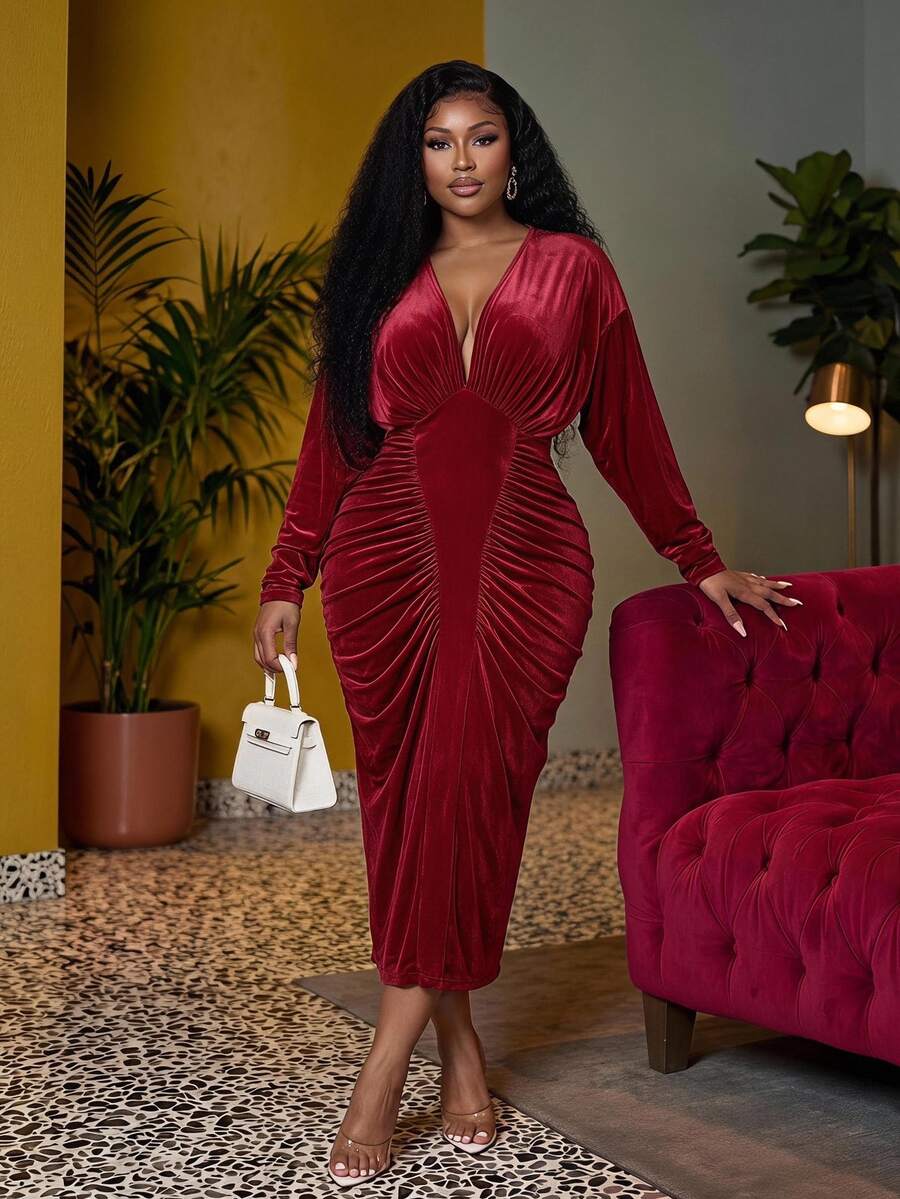 Veslaya Red Autumn Elegant Satin Party Long Sleeve V-Neck Ruched Waist Maxi Dress,Plus Size Textured Shiny Fabric Wedding Guest Boho Birthday Graduation Dress - Red - View 1