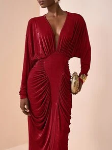 Veslaya Red Autumn Elegant Satin Party Long Sleeve V-Neck Ruched Waist Maxi Dress,Plus Size Textured Shiny Fabric Wedding Guest Boho Birthday Graduation Dress - Red - View 6