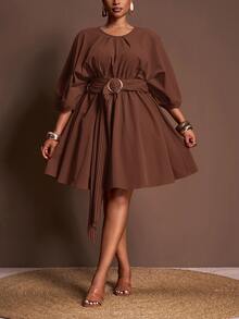 Veslaya Elegant Chocolate Brown Autumn Tea Party Dress,Plus Size Mini Dress With Loose Lantern Sleeve,Drawstring Waist,Pleated A-Line Silhouette For - Rust Brown - View 3