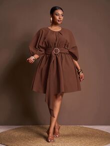Veslaya Elegant Chocolate Brown Autumn Tea Party Dress,Plus Size Mini Dress With Loose Lantern Sleeve,Drawstring Waist,Pleated A-Line Silhouette For - Rust Brown - View 4