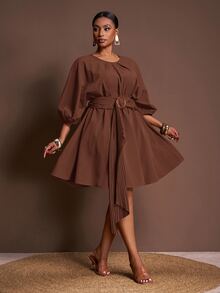 Veslaya Elegant Chocolate Brown Autumn Tea Party Dress,Plus Size Mini Dress With Loose Lantern Sleeve,Drawstring Waist,Pleated A-Line Silhouette For - Rust Brown - View 5
