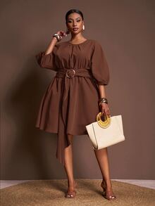 Veslaya Elegant Chocolate Brown Autumn Tea Party Dress,Plus Size Mini Dress With Loose Lantern Sleeve,Drawstring Waist,Pleated A-Line Silhouette For - Rust Brown - View 6