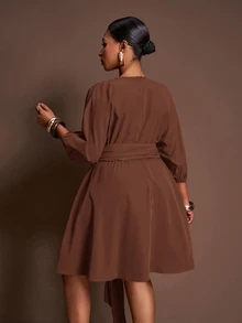 Veslaya Elegant Chocolate Brown Autumn Tea Party Dress,Plus Size Mini Dress With Loose Lantern Sleeve,Drawstring Waist,Pleated A-Line Silhouette For - Rust Brown - View 2