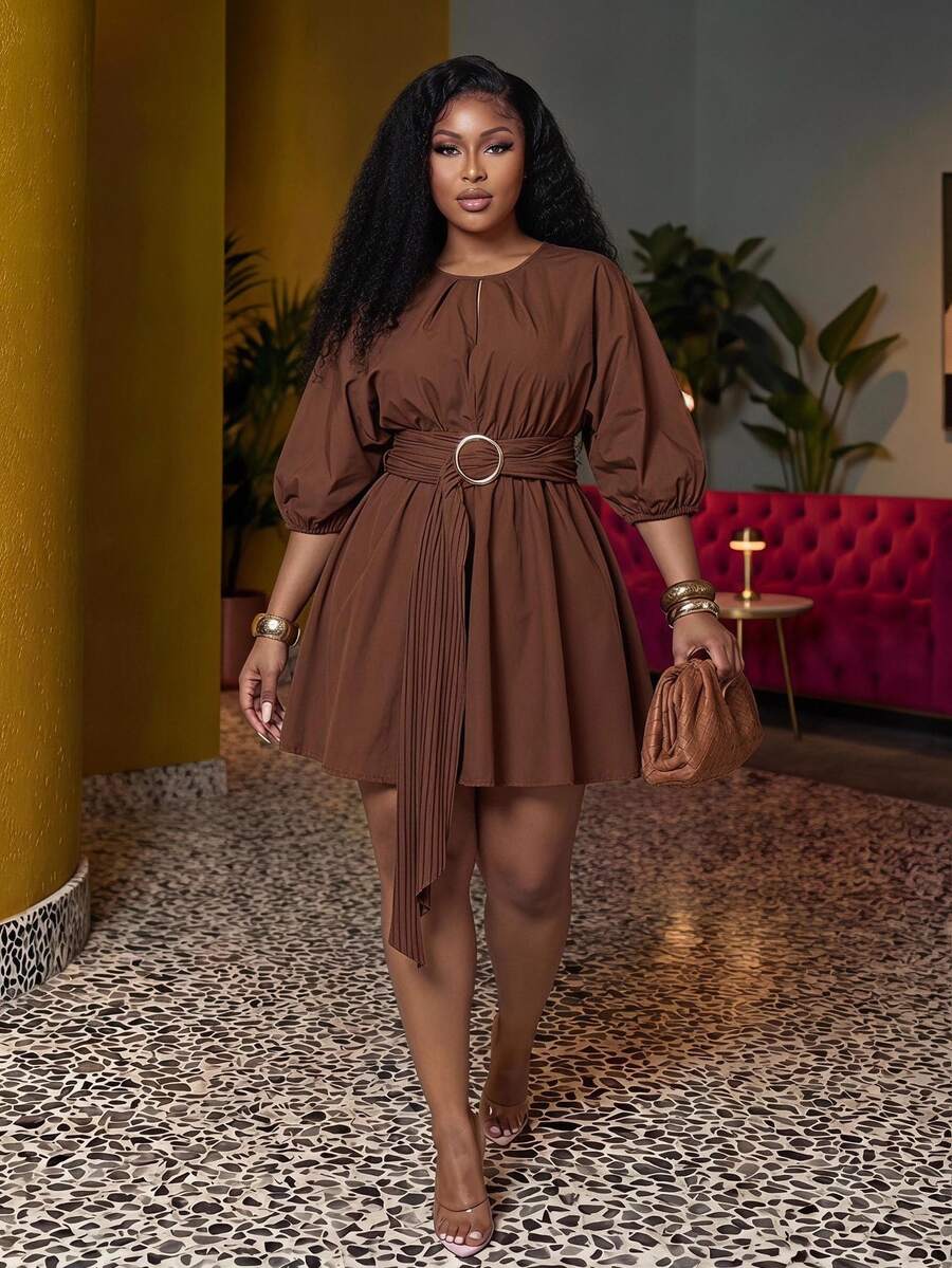 Veslaya Elegant Chocolate Brown Autumn Tea Party Dress,Plus Size Mini Dress With Loose Lantern Sleeve,Drawstring Waist,Pleated A-Line Silhouette For - Rust Brown - View 1