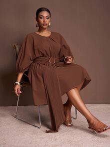 Veslaya Elegant Chocolate Brown Autumn Tea Party Dress,Plus Size Mini Dress With Loose Lantern Sleeve,Drawstring Waist,Pleated A-Line Silhouette For - Rust Brown - View 7