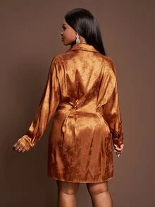 Veslaya Burnt Orange Plus Size Elegant Autumn Party Wedding Floral Textured Lustrous Satin Collared Long Sleeve Cinched Waist A-Line Mini Dress, Rust Bronze Woven - Brown - View 2