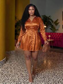 Veslaya Burnt Orange Plus Size Elegant Autumn Party Wedding Floral Textured Lustrous Satin Collared Long Sleeve Cinched Waist A-Line Mini Dress, Rust Bronze Woven - Brown - View 1