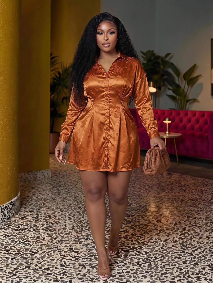 Veslaya Burnt Orange Plus Size Elegant Autumn Party Wedding Floral Textured Lustrous Satin Collared Long Sleeve Cinched Waist A-Line Mini Dress, Rust Bronze Woven - Brown - View 1