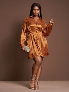 Veslaya Burnt Orange Plus Size Elegant Autumn Party Wedding Floral Textured Lustrous Satin Collared Long Sleeve Cinched Waist A-Line Mini Dress, Rust Bronze Woven - Brown - View 7
