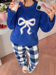 Slumberry CURVE Plus Size Women's Sweet Ins Colorblock Plaid Bow Embroidery Winter Plush Pajama Set - Royal Blue - View 1