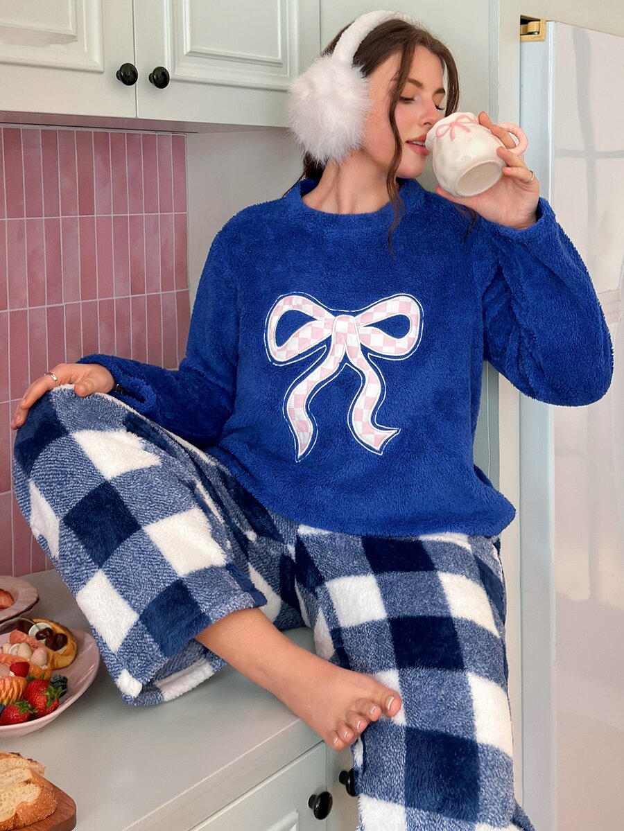 Slumberry CURVE Plus Size Women's Sweet Ins Colorblock Plaid Bow Embroidery Winter Plush Pajama Set - Royal Blue - View 1