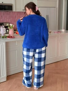 Slumberry CURVE Plus Size Women's Sweet Ins Colorblock Plaid Bow Embroidery Winter Plush Pajama Set - Royal Blue - View 2