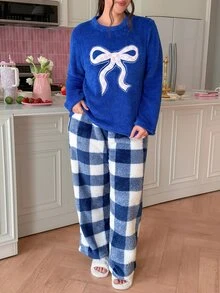 Slumberry CURVE Plus Size Women's Sweet Ins Colorblock Plaid Bow Embroidery Winter Plush Pajama Set - Royal Blue - View 3