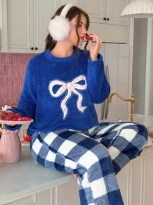 Slumberry CURVE Plus Size Women's Sweet Ins Colorblock Plaid Bow Embroidery Winter Plush Pajama Set - Royal Blue - View 4