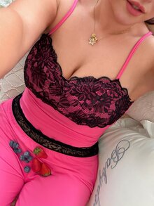 Slumberry CURVE Plus Size Women's Ins Style Contrast Color Lace Camisole & Long Pants Pajama Set - Hot Pink - View 3