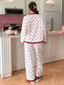 Slumberry CURVE Bộ đồ ngủ nữ size lớn nỉ flannel thắt nơ phong cách ngọt ngào Ins - Đỏ và trắng - Xem 2