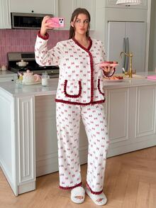 Slumberry CURVE Bộ đồ ngủ nữ size lớn nỉ flannel thắt nơ phong cách ngọt ngào Ins - Đỏ và trắng - Xem 6