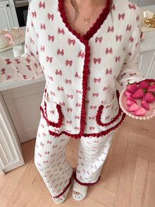 Slumberry CURVE Bộ đồ ngủ nữ size lớn nỉ flannel thắt nơ phong cách ngọt ngào Ins - Đỏ và trắng - Xem 4