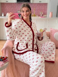 Slumberry CURVE Bộ đồ ngủ nữ size lớn nỉ flannel thắt nơ phong cách ngọt ngào Ins - Đỏ và trắng - Xem 3