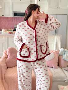 Slumberry CURVE Bộ đồ ngủ nữ size lớn nỉ flannel thắt nơ phong cách ngọt ngào Ins - Đỏ và trắng - Xem 5