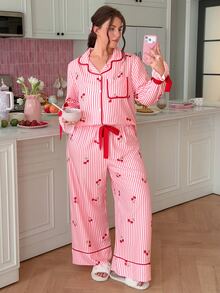 Striped Cherry Print Lapel Front-Button Bowknot Long Sleeve Plus Size Pajama Set - Multicolor - View 1