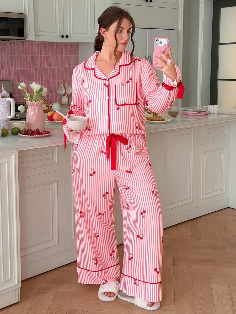 Striped Cherry Print Lapel Front-Button Bowknot Long Sleeve Plus Size Pajama Set - Multicolor - View 1