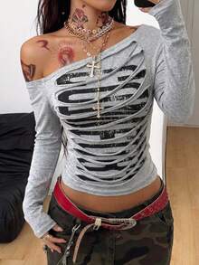 StreetHx Women's Asymmetric Neck Long Sleeve Distressed Design Fitted Fashion T-Shirt - Grey - View 4