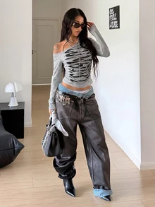 StreetHx Women's Asymmetric Neck Long Sleeve Distressed Design Fitted Fashion T-Shirt - Grey - View 5
