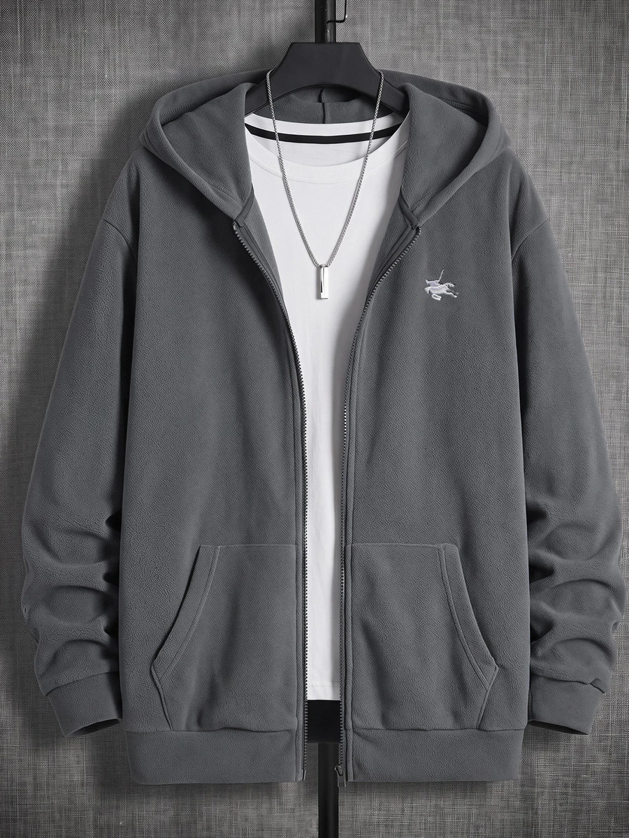 GETOML Loose Fit Men Spider Web Print Zip Up Hoodie Without Tee - Grey - View 1