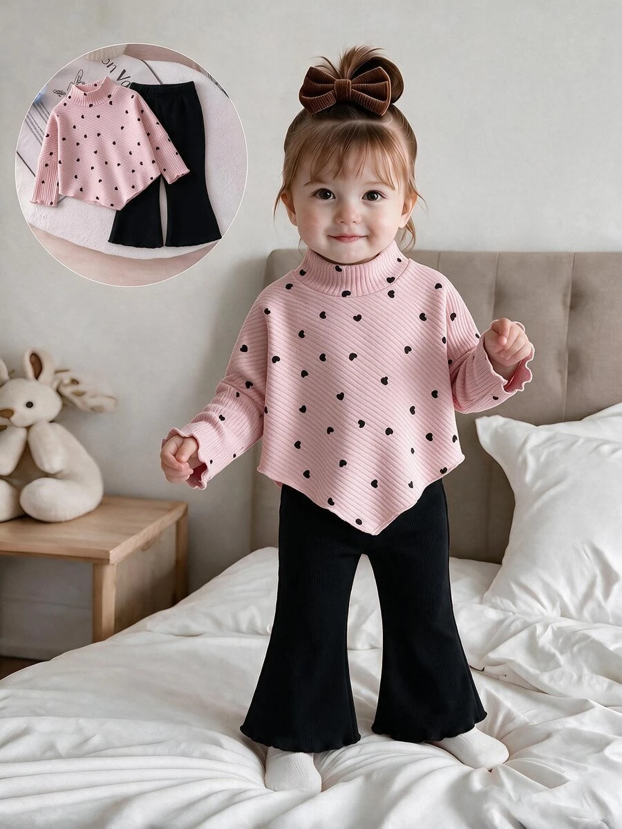 SHEIN 2pcs Toddler Girl Top + Flare Pants Sweet Pink Heart Print Ribbed Lettuce Long Sleeve Mock Neck Regular Birthday Party Fall Holiday Wedding Guest Set - Pink - View 1