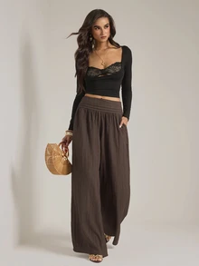 SHEIN Tall Women's Brown Ruched Wide-Leg Trousers (Modest Style) - Brown - View 6