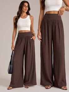 SHEIN Tall Women's Brown Ruched Wide-Leg Trousers (Modest Style) - Brown - View 4