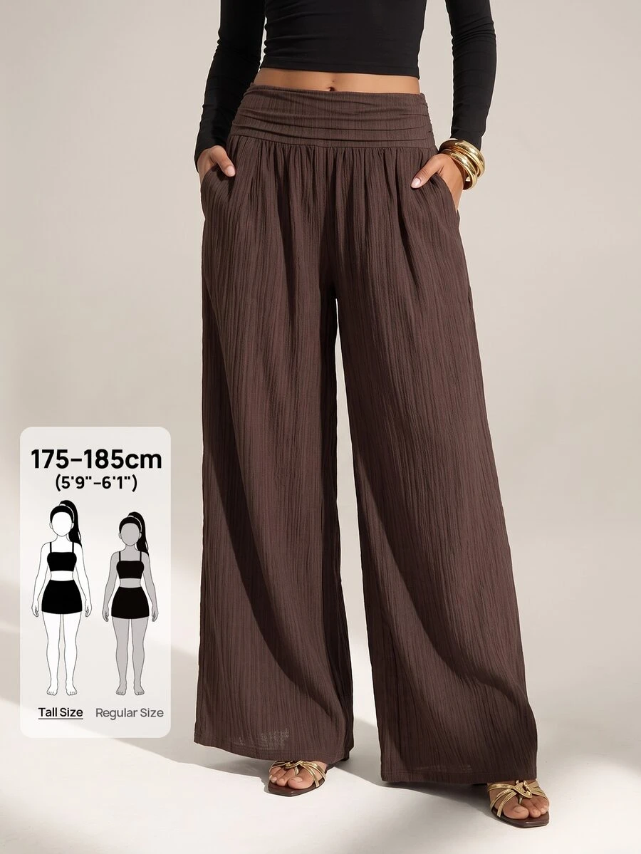 SHEIN Tall Women's Brown Ruched Wide-Leg Trousers (Modest Style) - Brown - View 1