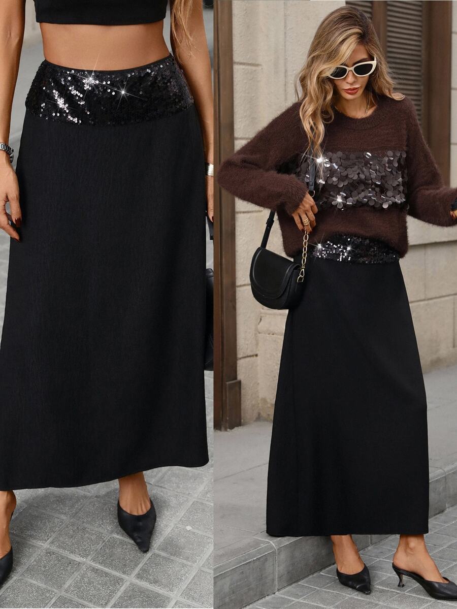 Brillora Women's Sequin Casual Versatile Daily Wear Skirt - Black - View 1
