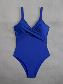 Swim SXY 1件条纹独特面料交叉前襟连体泳衣 - 寶藍色 - 查看 4