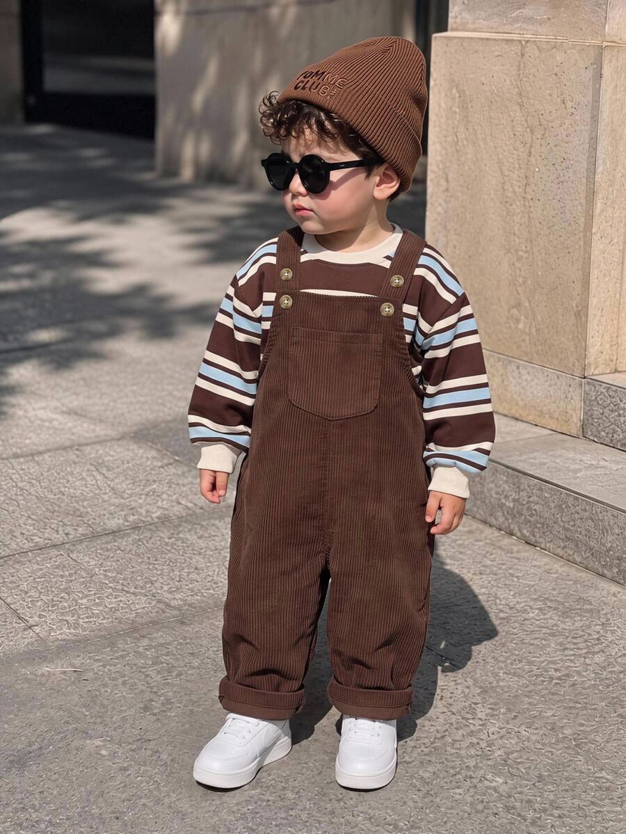 SHEIN Baby Boy Striped Winter Sweatshirt + Vintage Brown Corduroy Overalls Set Autumn - Multicolor - View 1