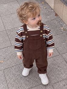 SHEIN Baby Boy Striped Winter Sweatshirt + Vintage Brown Corduroy Overalls Set Autumn - Multicolor - View 5