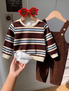 SHEIN Baby Boy Striped Winter Sweatshirt + Vintage Brown Corduroy Overalls Set Autumn - Multicolor - View 6