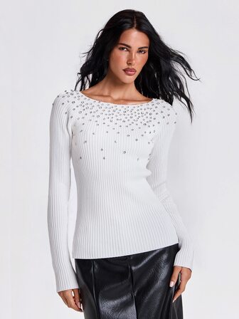 Y2K Automne/Hiver Tenue de Soirée Sexy de Luxe Banquet Minuit Pull Femme Col Bateau Ajusté Manches Longues Décoration Broderie Paillettes Dégradé